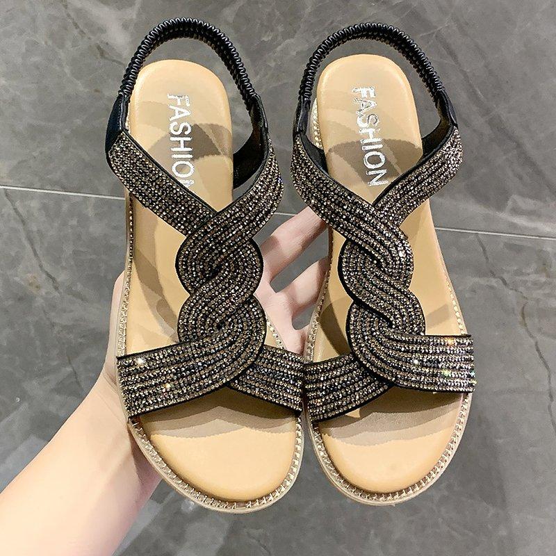 Модные женские босоножки на танкетке со стразами, летняя мода в стиле бохо с открытым носком, на толстой платформе, с пряжкой на ремешке, нескользящая обувь