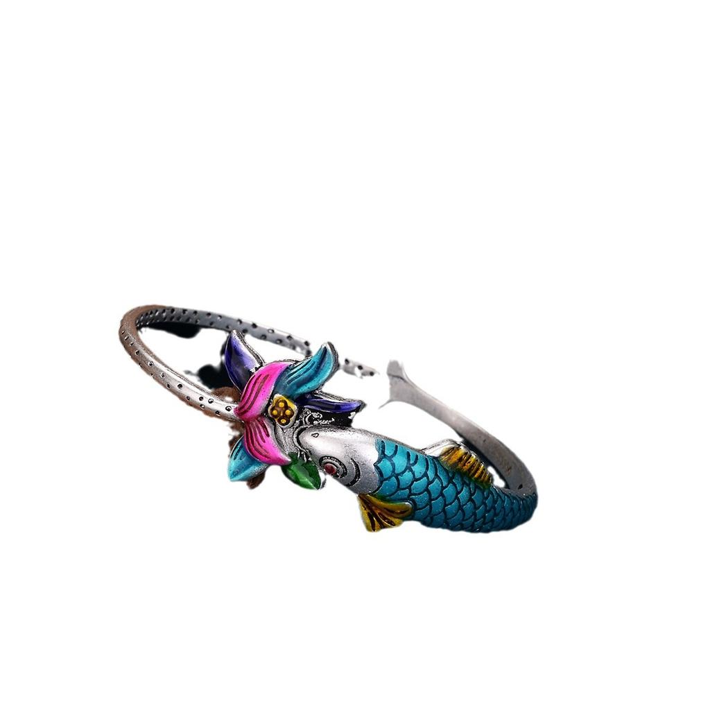 New Burnt Blue Retro Enamel Bracelet for Women, Cloisonn É Open Fish Play, Lotus Flower Drop Glue Silver Bracelet, Birthday Gift