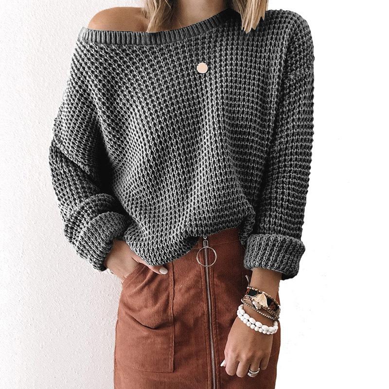 Women's Solid Colour Loose Fit Long Sleeve Knitted Top with Slanted Neckline Autumn Winter Sweater Luxurious Relaxed-fit Slimming and Versatile Top