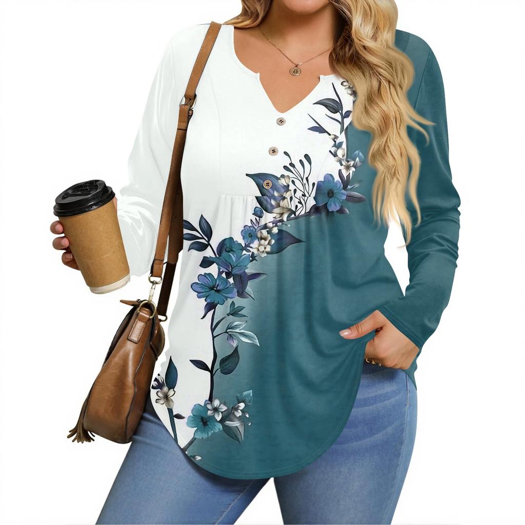 Womens Plus Size Long Sleeve Shirts V Neck Tunic Tops Basic Loose Fit Tee Tops