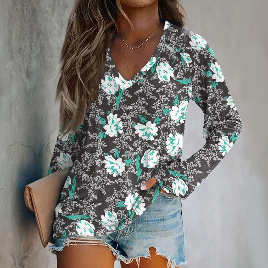 Женская модная свободная футболка с V-образным вырезом и длинным рукавом с винтажным цветочным принтом, повседневный топ