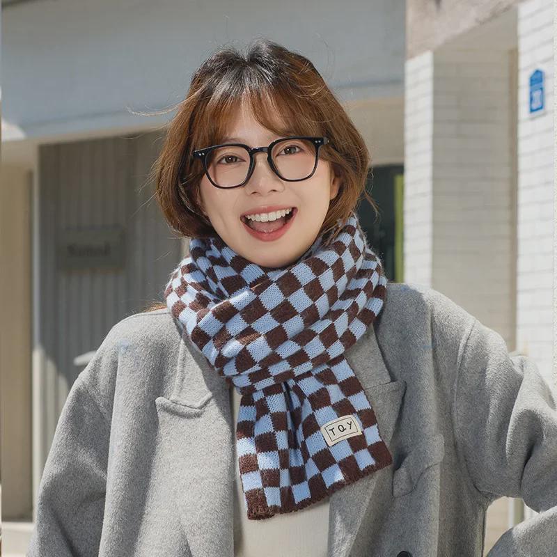 2024 Women's High-End Korean Blue Checkerboard Knit Scarf - Winter Warm Shawl