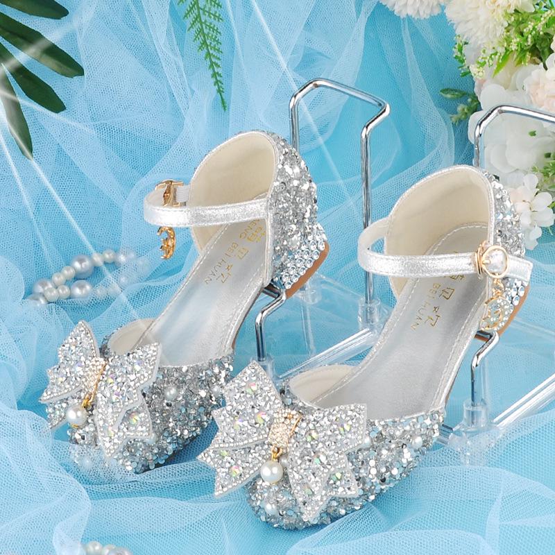 New Arrival: Girls' Crystal Bow High Heels - Shiny Princess Shoes for Piano Performances, Leather Material