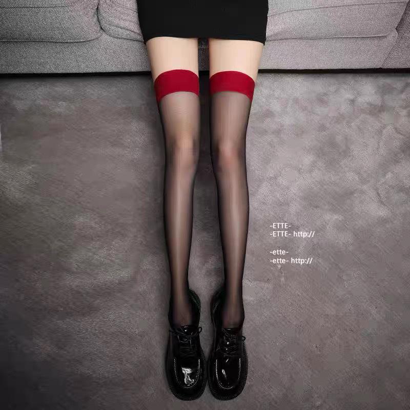 Женские черные чулки выше колена с красной отделкой - Нескользящие, прозрачный шелк 0D