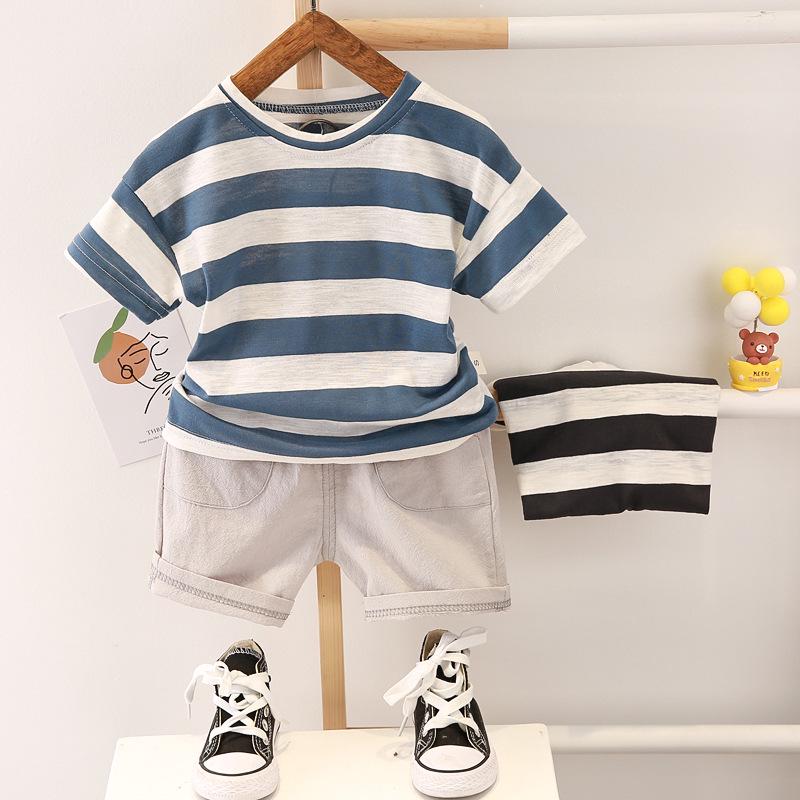 "Boys' 2023 Summer Striped Short-Sleeve Two-Piece Suit - Korean Style Trendy Casual Outfit"