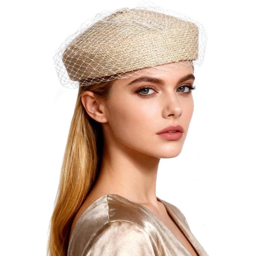 HIMESPORT Women's Elegant Bridal Straw Fascinator Hat with Veil | Wedding Church Hat & Formal Tea Party Headpiece
