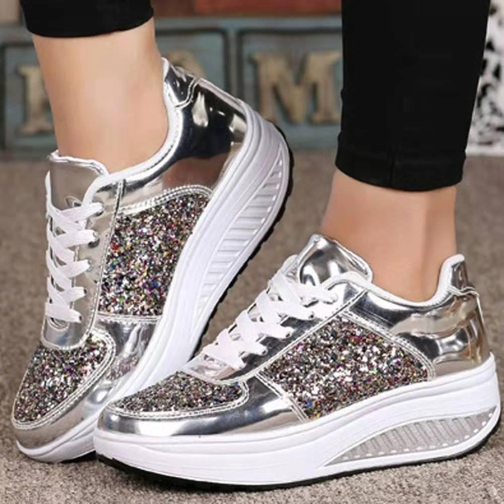 Shoes for Women 2024 New Fashion Versatile Bling Shoes Plus Size Lace-up Running Shoes Wedges Platform Sneakers Zapatos De Mujer