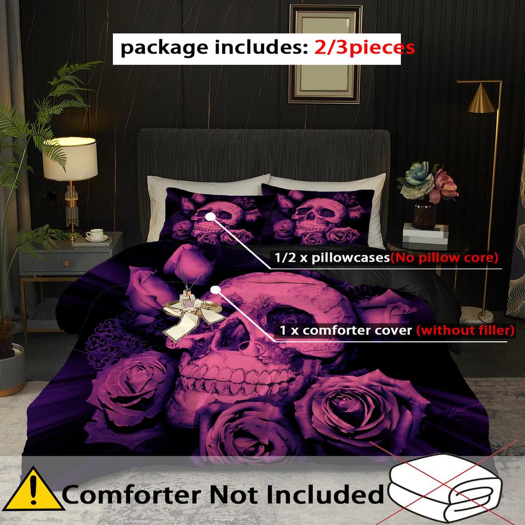 Violet Rose Golden Skull Pattern 3D Print Duvet Cover Halloween Gothic Style Bedding Set With Pillowcase Polyester Quilt Cover