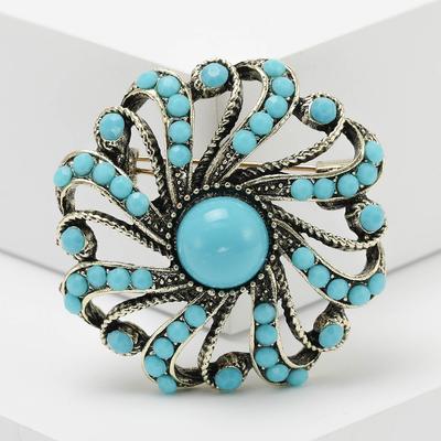 Женская мода, броши с бирюзовым цветком для женщин, роскошная круглая брошь из сплава цвета золота и серебра, булавка