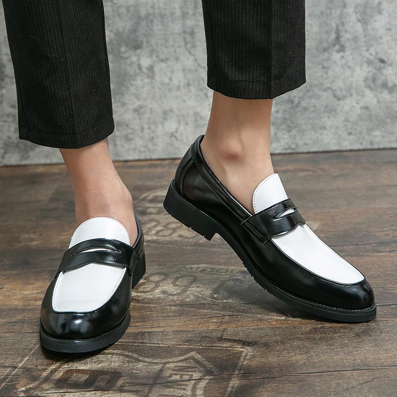 Summer New Men's Low-top Office Dress Leather Shoes 46 Large Size Black and White Color Matching Leather Shoes One Pedal Loafers