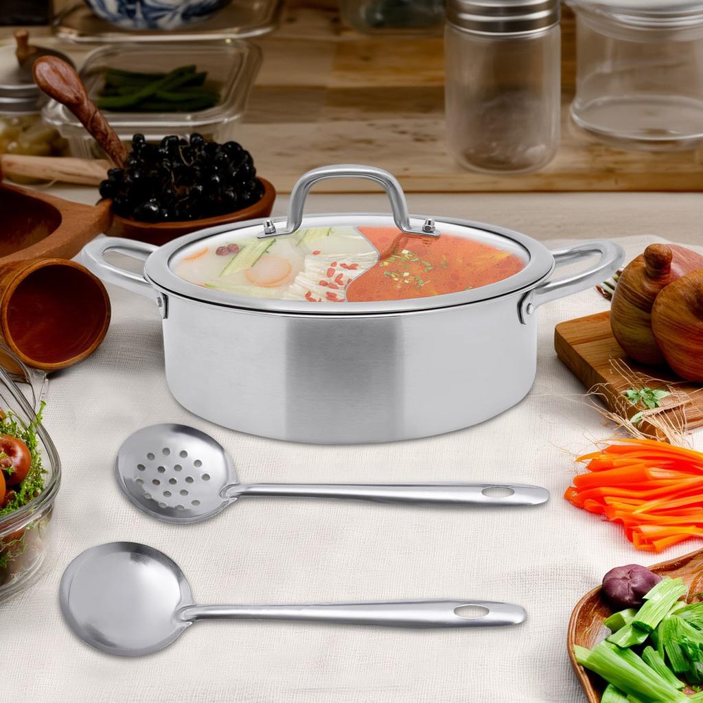 Кастрюля из нержавеющей стали с разделителем, 28 см, двухсекционная, посуда из нержавеющей стали 304 с крышкой из стекла, ложкой для супа и дуршлагом