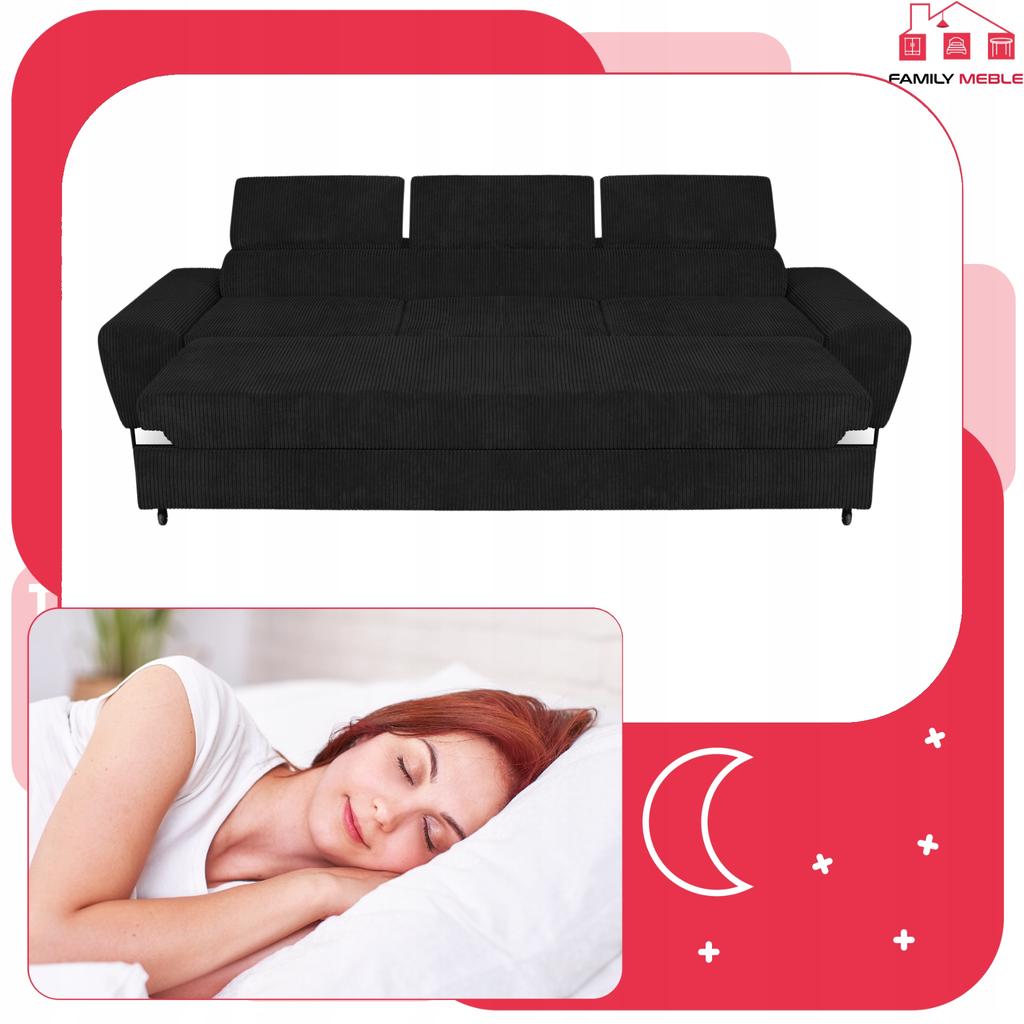 Sofa kanapa 3 os rozkładana z f. spania Savio Family meble czarny sztruks
