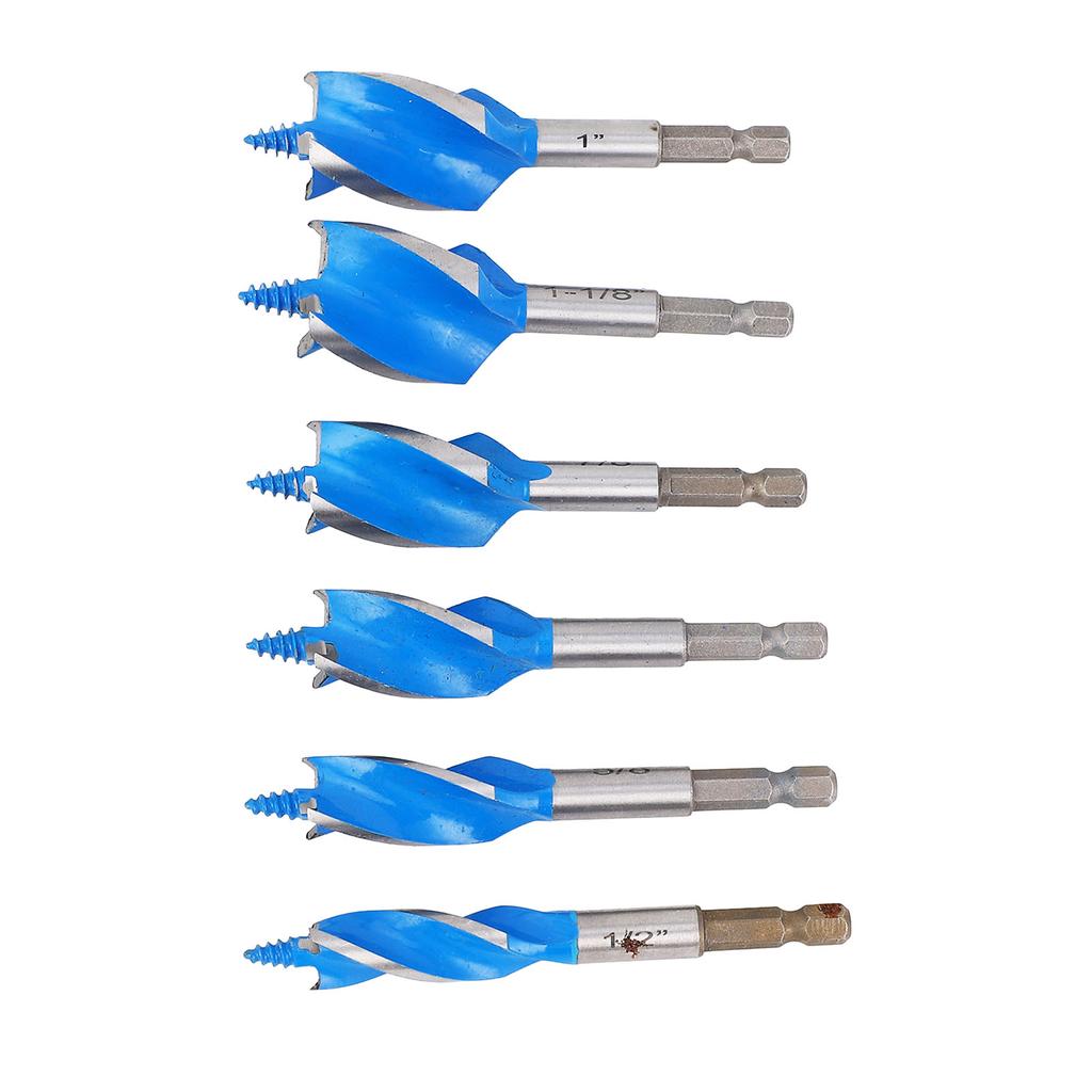 Набор из 6 сверл по дереву 1/2 дюйма, 5/8 дюйма, 3/4 дюйма, 7/8 дюйма, 1 дюйм, 1-1/8 дюйма, 4 канавки, 4 паза, шестигранный хвостовик 1/4 дюйма