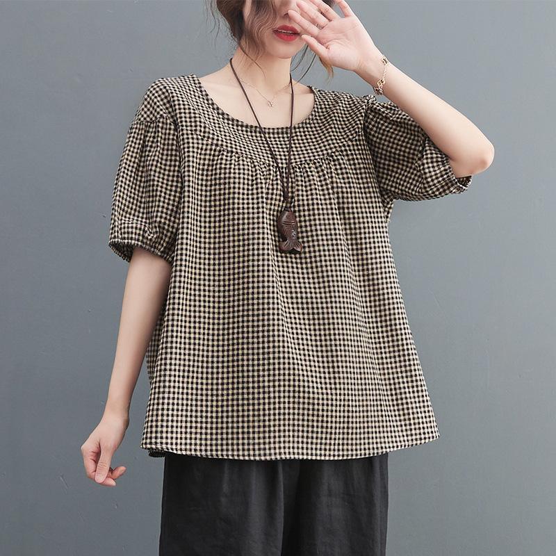 Модная летняя блузка с коротким рукавом и круглым вырезом, женская рубашка с сетчатым принтом, плиссированная блузка, элегантная, повседневная, свободная