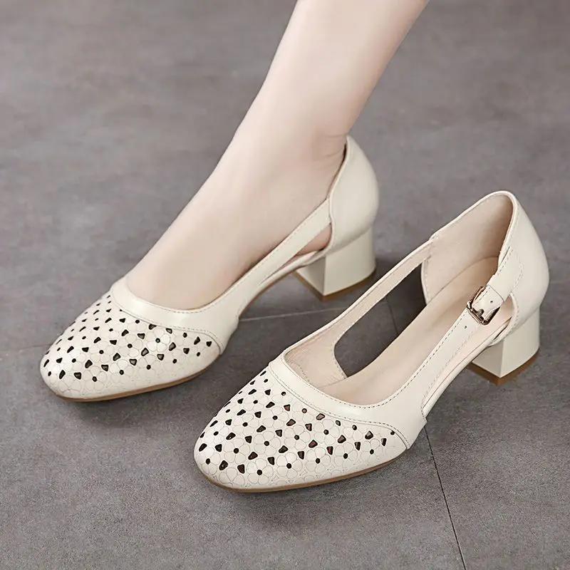 Women's Shoes with Medium Heels Summer 2024 Closed Sandals for Woman Leather Footwear Office Work Square Beige Daily Comfort F H