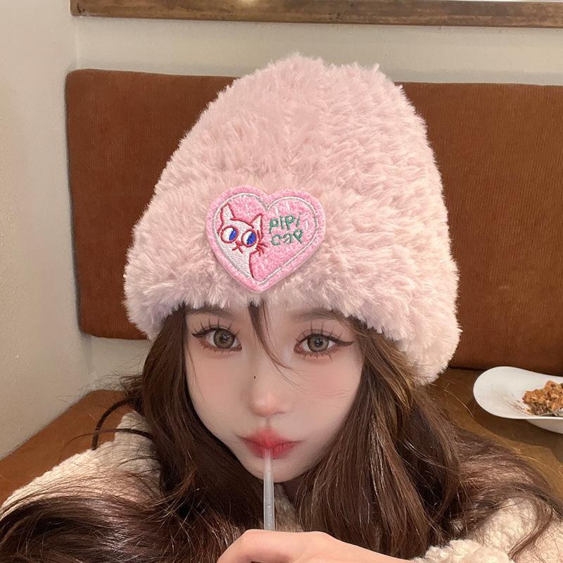 Autumn and winter versatile pink plush hat student face small couple cold wool hat