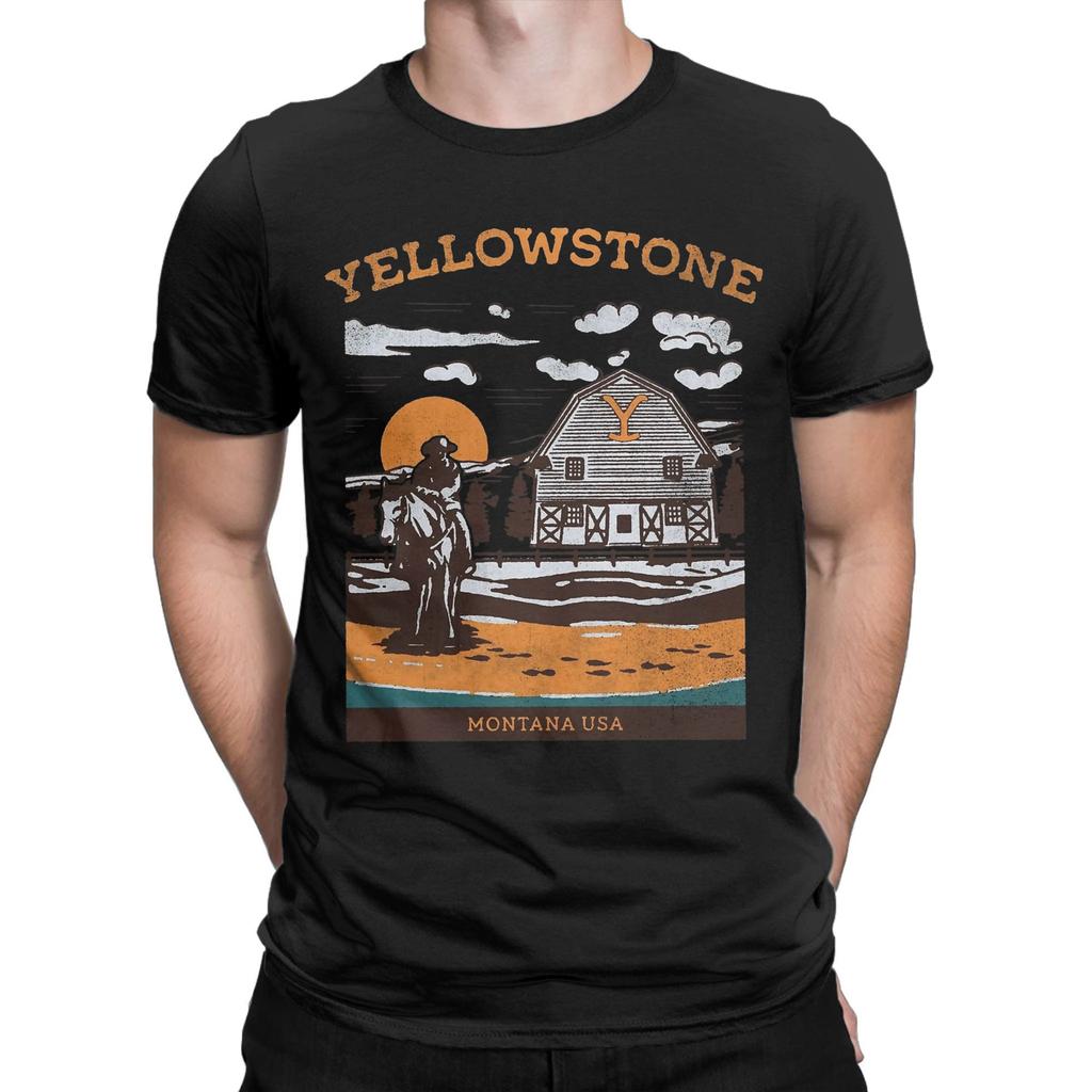 Men Yellowstone Montana USA Dutton Ranch Vintage T Shirts 100% Cotton Tops Novelty Short Sleeve Crewneck Tees Printed T-Shirts