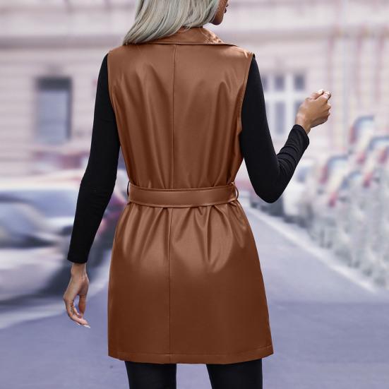 Женский жилет-пальто на осень-весну с поясом, шнуровкой на талии, отложным воротником, гладкий кардиган из искусственной кожи средней длины, женский жилет для поездок на работу и шопинга