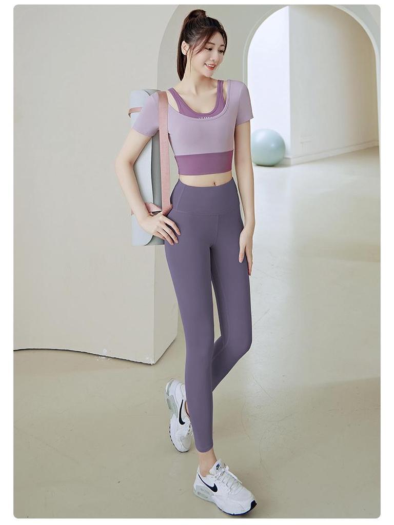 Women's Color Block Two-Piece Short Sleeve Quick-Dry Sports Yoga Top