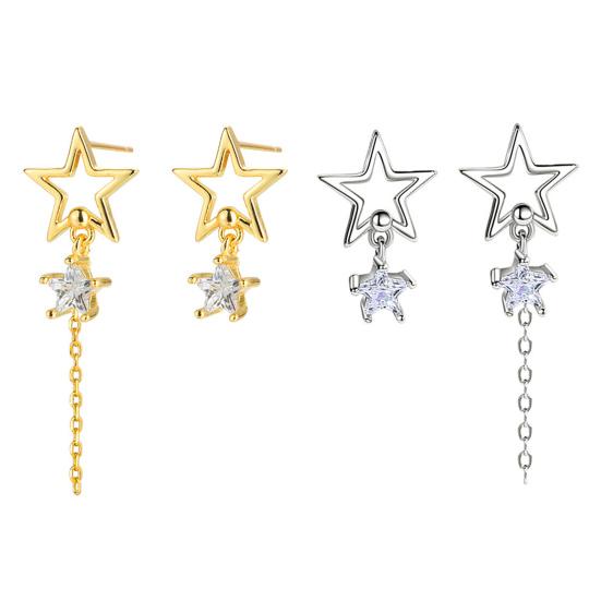 1 пара сережек-пусетов с полой цепочкой-звездочкой, кисточкой, неправильной формы, золотого/серебристого цвета, со встроенным кубическим цирконием