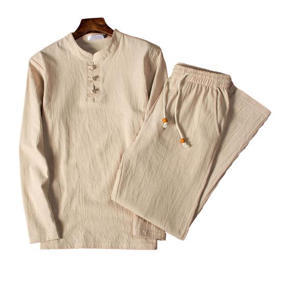 2 шт./компл., мужской топ, брюки, костюм с воротником-стойкой, длинным рукавом, эластичной резинкой на талии, шнурок из бисера, широкие карманы, сплошной цвет, мужская осенне-весенняя рубашка, комплект брюк