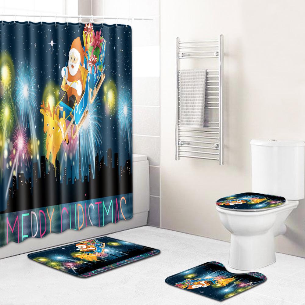 Christmas Shower Curtain Floor Mat Combination Four-Piece Set Bathroom Toilet Carpet Shower Room Mat Foot Mat