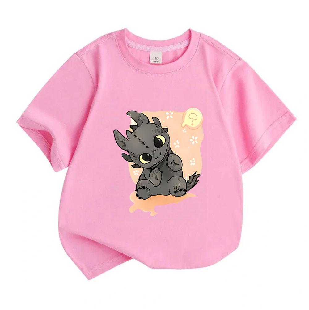 Kids Boys Girls 100% Cotton Crew Neck Short Sleeve T-Shirt, Cute Confused Cartoon Black Dragon Print Casual Soft Breathable Tee for Daily Wear