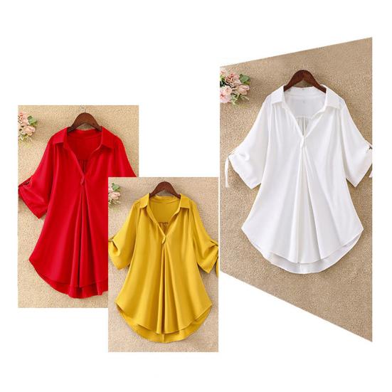 Женская рубашка с лацканами и половиной рукава, повседневные топы средней длины, сплошной цвет с талией, обтягивающая свободная шифоновая блузка, повседневная одежда