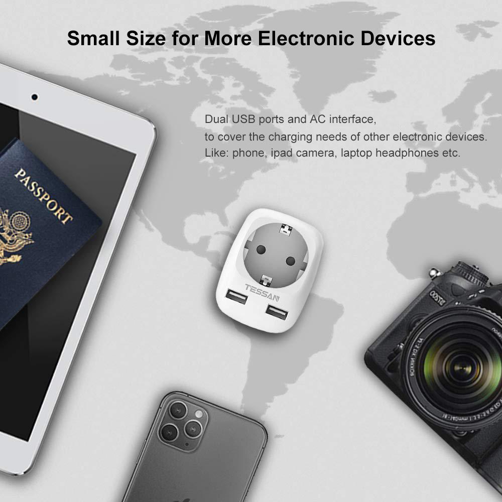 Tessan Адаптер 3-в-1 для Австралии, Китай, Германия, вилка с 2 USB-разъемами, серый цвет