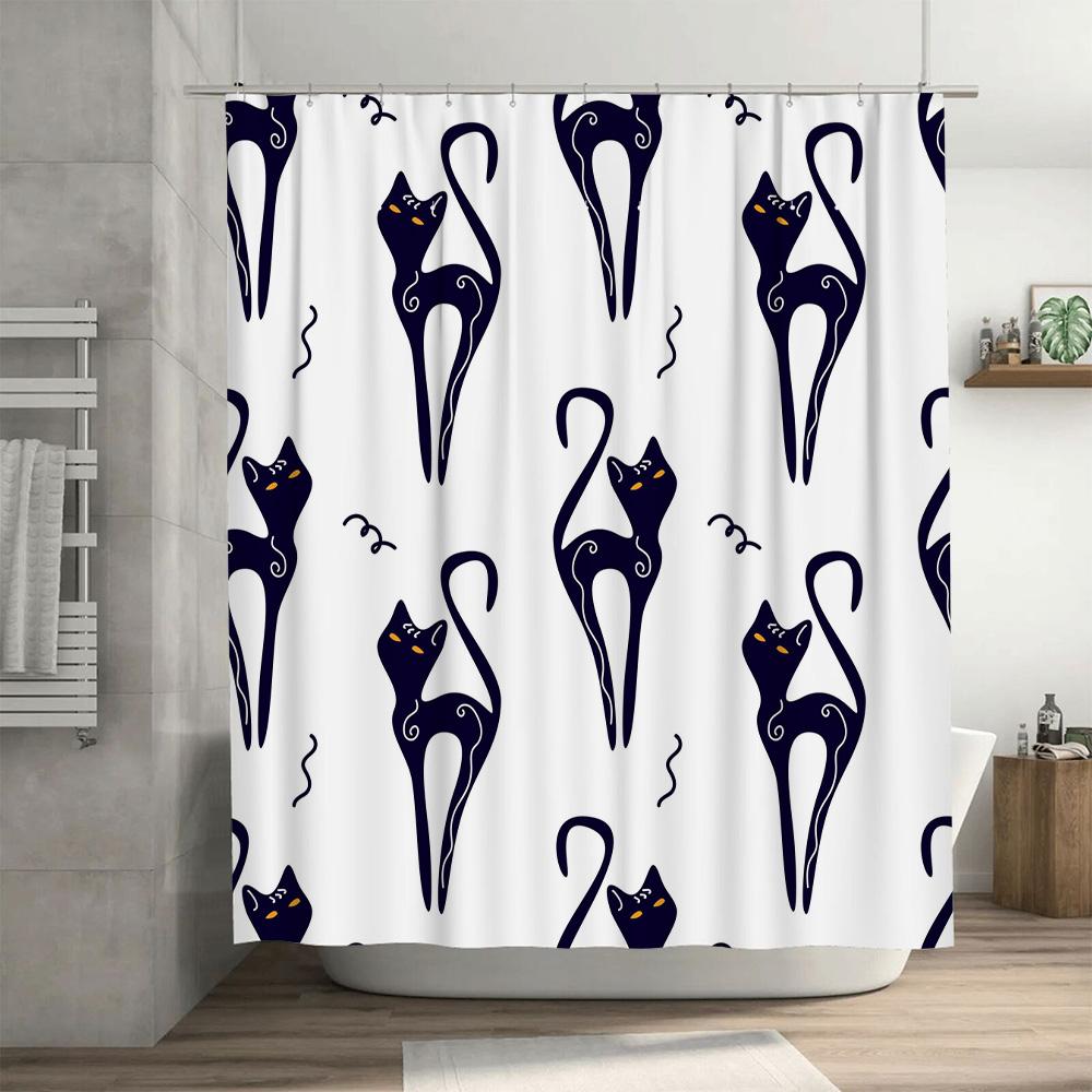 Blue White Cat Print Shower Curtain Modern Bathroom Decor for Cats Lovers