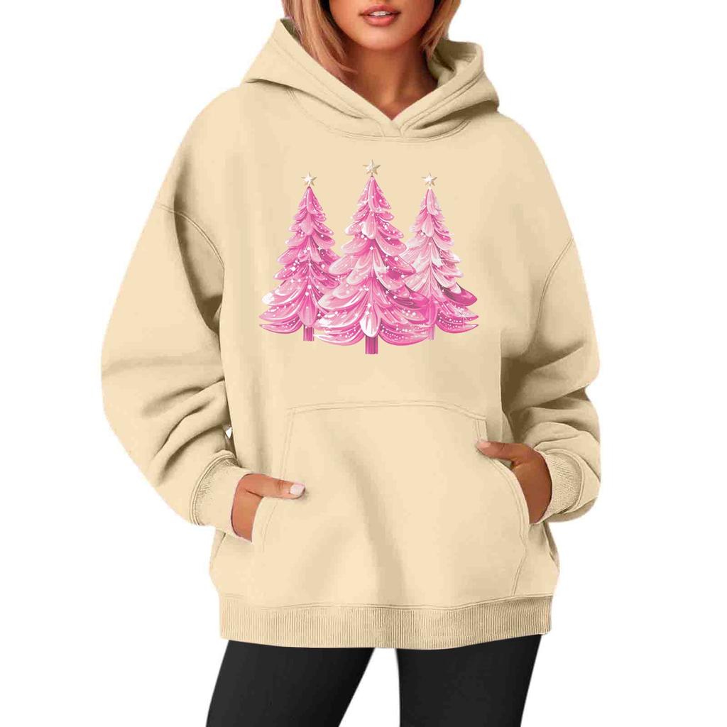 Women's Sweatshirts Round Neck Long Sleeve Christmas Printed Top Solid Color Hoodie