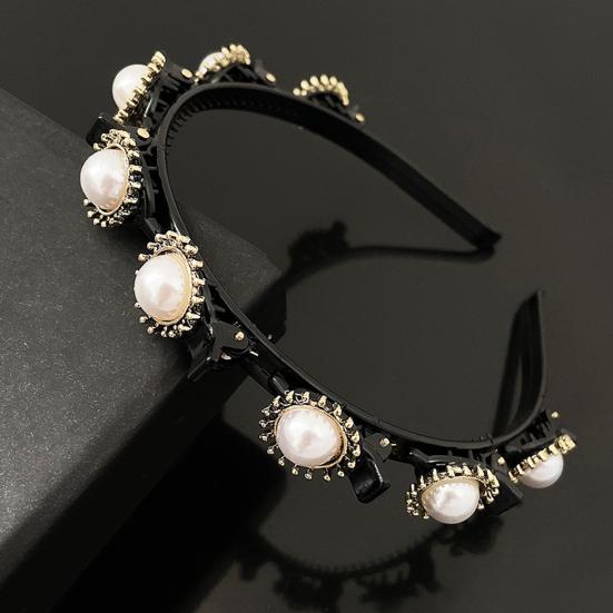 Shining Rhinestone Faux Pearls Flower Decor Women Headband Non-slip Elastic Double Layer Bangs Clips Hair Hoop Hair Accessories