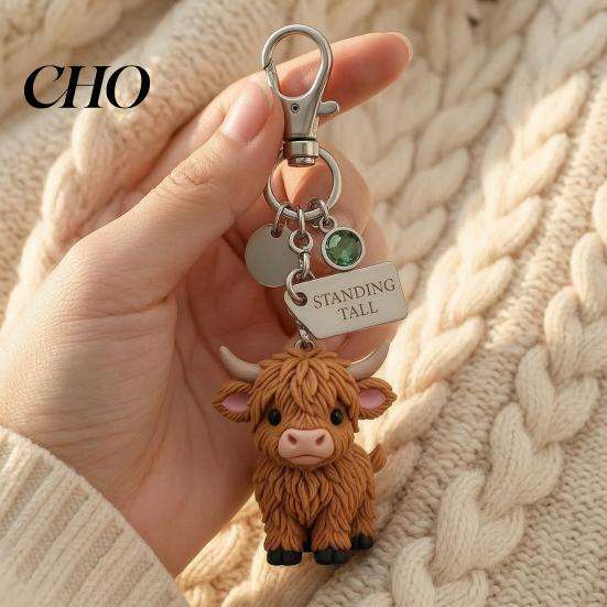 Cow Lover Gift Keychain Pendant Highland Charm Key Chain with Inspirational Pink Still Standing Tall Label Soft Alloy Resin Keyring Animal Accessory