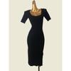 Foreign Trade Original Order Square Collar Rib Hip Skirt Western Style Side Slit Slim Fit Bottoming Knitted Short Sleeve Dress