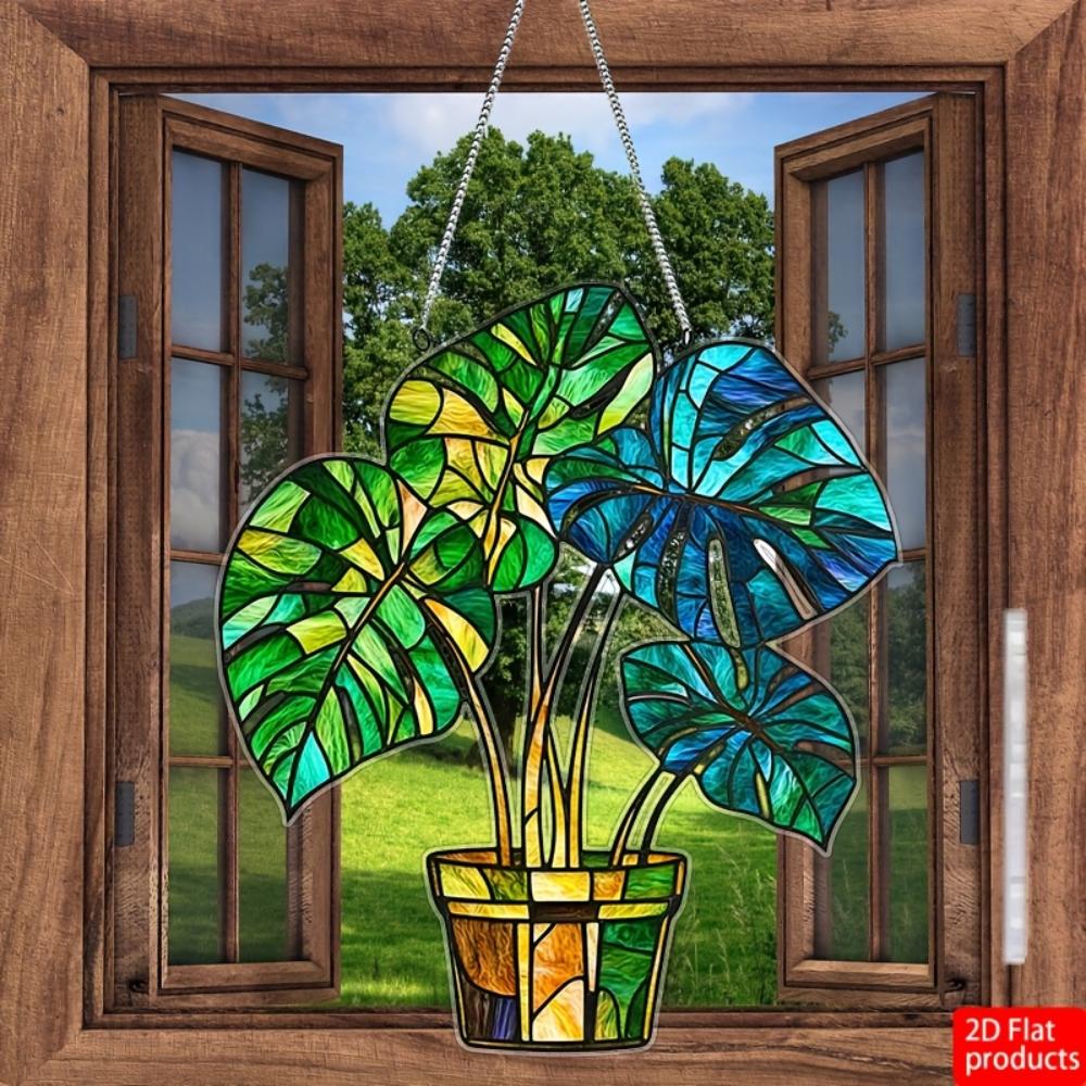 2D Planar Flowerpot Acrylic Light Catcher Pendant, Holiday Wreath Logo Window Decoration Door Wall Decoration Birthday Home and Room Decoration