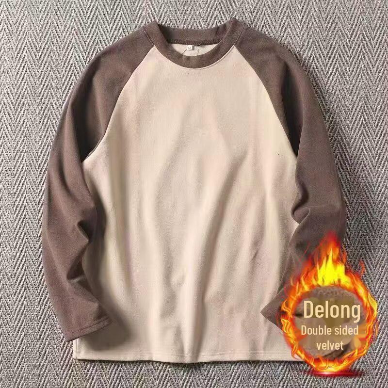 Мужской зимний пуловер из немецкого бархата с рукавами реглан - большой размер, теплая футболка с круглым вырезом и длинными рукавами