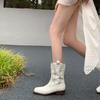 Vintage Embroidery Women Western Cowgirl Boots Fashion Elegant Slip On Shoes Square Heels Ladies Knight Mid Calf Booties