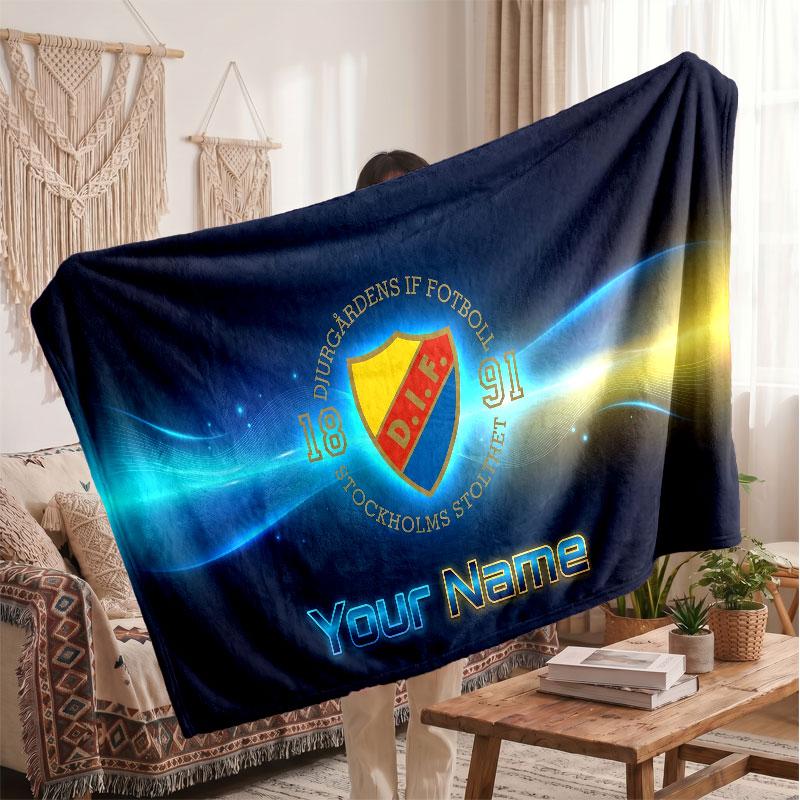 Djurgårdens IF Personalized Fleece Blanket With Football Logo, Custom Name Text Soft Warm Home Throw Blanket