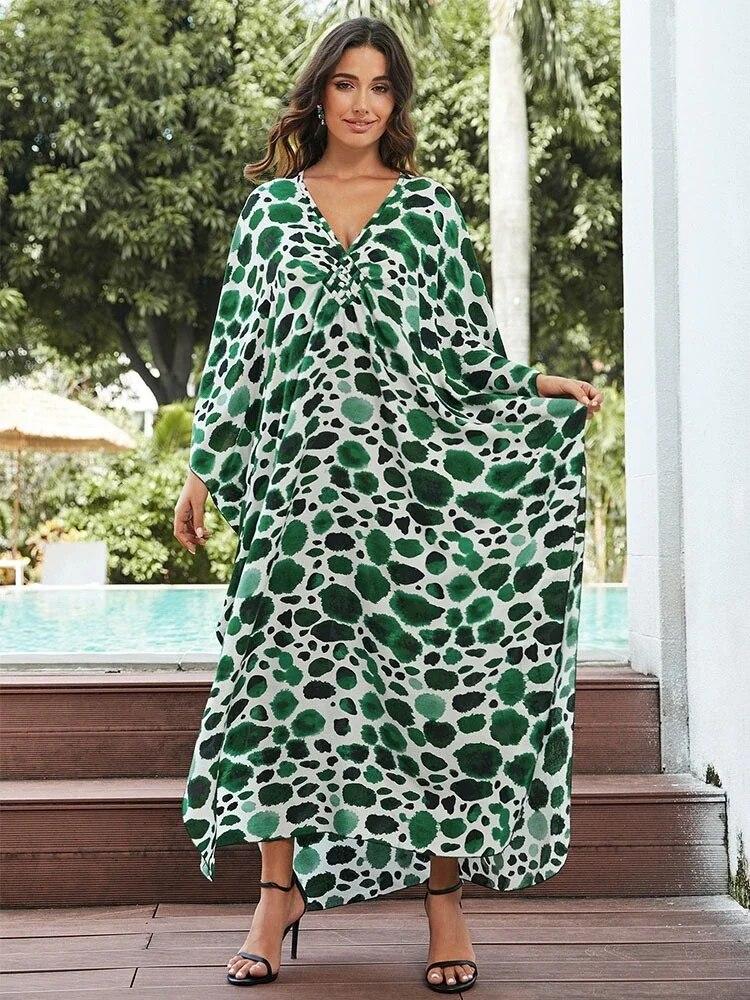 EDOLYNSA Кафтан больших размеров с богемным принтом, летнее длинное пляжное платье, женская домашняя одежда, купальный костюм, накидка, свободный кафтан