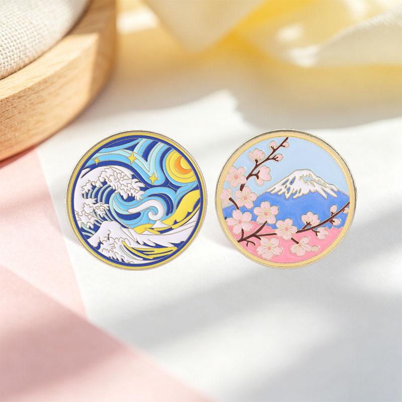 Xiaomi Starry Night Great Wave Fuji Sakura Art Badge Enamel Pins Cartoon Anime Ukiyo-e Style Alloy Brooch Bags Lapel Badge Jewelry Gift