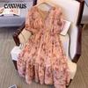 Плюс Размер Женское Летнее Новое Винтажное Стильное Цветочное Платье С Короткими Рукавами и Высокой Талией Утягивающее Платье