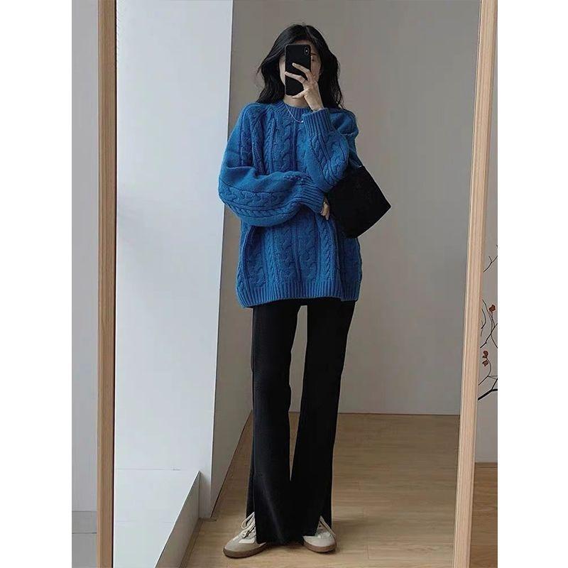 Autumn and Winter New Lazy Wind Twist Thickened Knitted Sweater Blue Medium and Long Large Size Loose Pullover Sweater Women