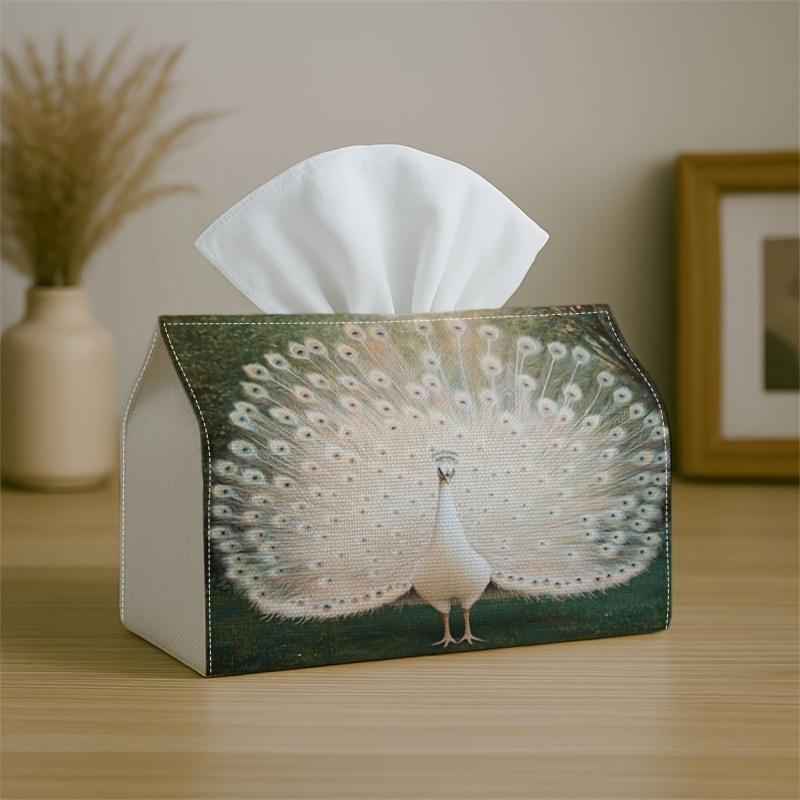 1pc Classic Elegant Romantic Tissue Box with Peacock Feather in White, a Sturdy Napkin Holder Suitable for Your Car, Kitchen, Dining Area, And Home De