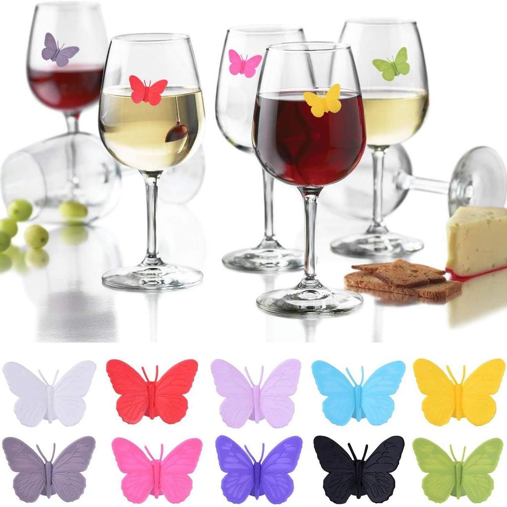 12pcs Butterfly Wine Glass Markers Silicone Wine Charms for Stem Glass 3D Drink Markers Identifiers Drink Tag