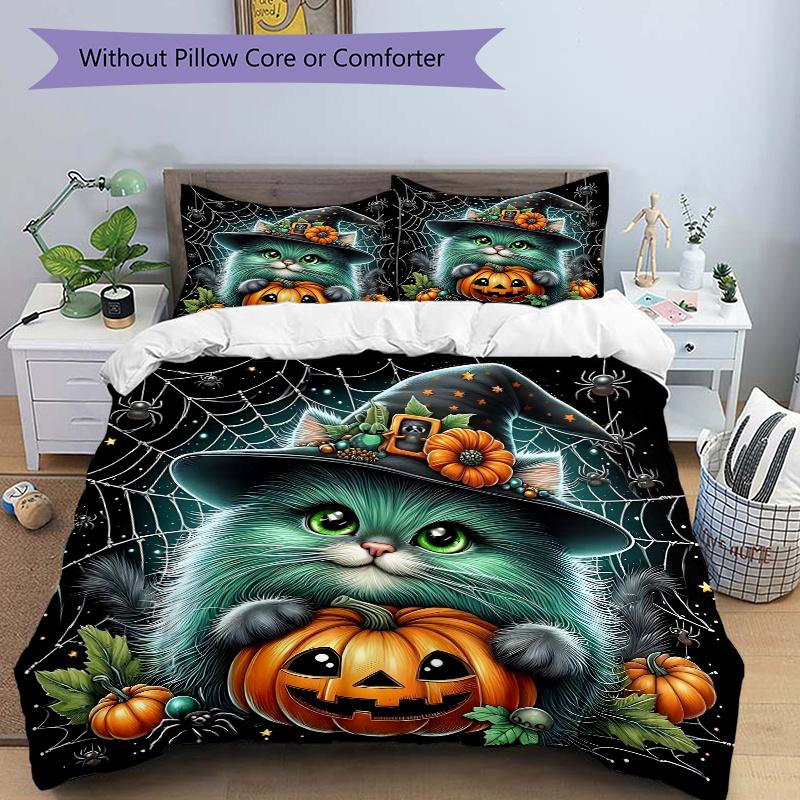 3pcs Spider Wizard Cat Pumpkin Design Pattern Bedding Three-Piece Set (1 Cover + 2 Pillowcases, No Fillings), This Printed Bedding Set Is So