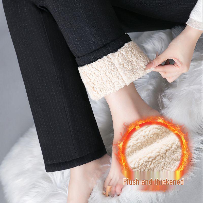 Женские зимние брюки из овечьей шерсти с флисовой подкладкой высокой посадки - Утепленные, Хлопковые, Осень 2025