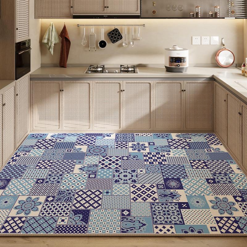 Коврик для кухни Водонепроницаемый напольный коврик ПВХ кожа Нескользящий ковер Большие синие ковры Ретро классический узор Домашний декор Коврики