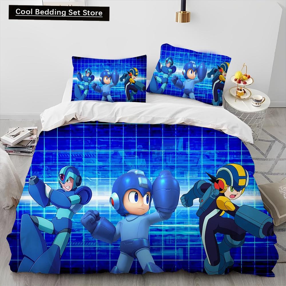 3D Рокмен Мегамен Игра Мультяшный Комплект Постельного Белья Одеяло Пододеяльник Наволочка,Королевский Размер Квинсайз Детский