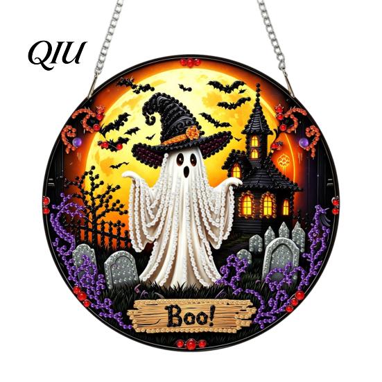 Decorative Halloween Wall Art Black Cat Moon Rhinestone Painting Kit, Faceted Faux Crystal Hanging Decor, DIY Pendant Craft Window Decor for