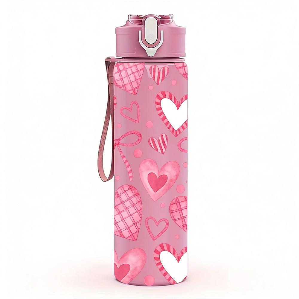 1PC Pink Heart Love Seamless Print 750ml Color Plastic Sports Water Bottle Leakproof Flip Straw Lid Suitable for Sports Office Home Use